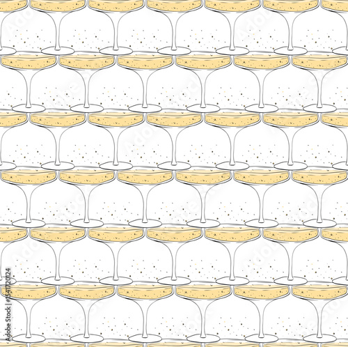 Glass of champagne Seamless pattern. Vector graphic line ink illustration. Silhouette sign for logo, print, comics, fashion, pop art, boards, design, stickers, decoration, posters