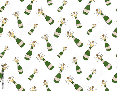 Sparkling wine champagne Seamless pattern. Vector graphic line ink illustration. Christmas holidays Banner, poster, wrapping paper, sticker, print, modern textile design.
