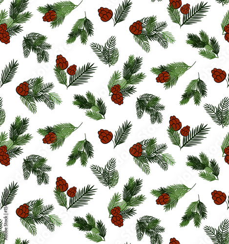 Pine cone and branches Seamless pattern. Vector graphic line ink illustration. Silhouette sign for logo, print, comics, fashion, pop art, boards, design, stickers, decoration, posters