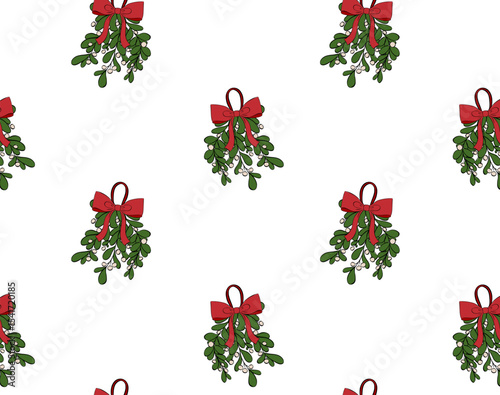 Christmas omela holy tree leaves and berries Seamless pattern. Vector graphic line ink illustration. Colorful New year symbols. design for fashion graphics, textile prints, fabrics, wallpapers.