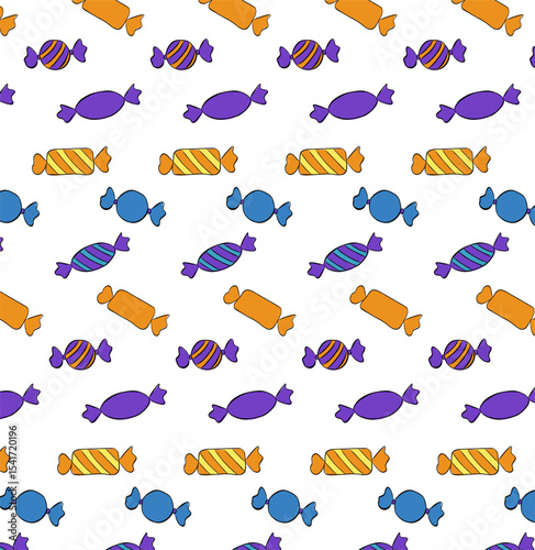 Holiday candies Seamless pattern. Vector graphic line ink illustration. Baby design with holiday clipart for wrapping paper, print, fabric, scrapbook. Bright festive background