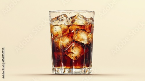 Dark Cola with Ice Cubes in Clear Glass Against Neutral Background Creates Refreshing Beverage Scene