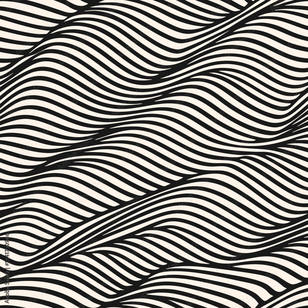 Abstract seamless pattern with liquid wavy lines, stripes, waves, fluid shapes. Vector black and white background texture with distortion effect, illusion of movement, dynamic surface. Repeated design Abstract seamless pattern with liquid wavy lines, stripes, waves, fluid shapes. Vector black and white background texture with distortion effect, illusion of movement, dynamic surface. Repeated design