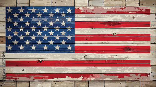 Rustic American flag painted on weathered wooden planks evoking vintage