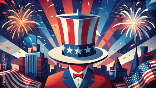 A patriotic city celebration with fireworks and a hat with red and blue with