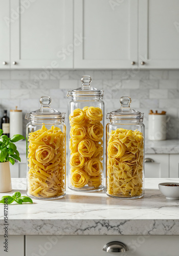 Various types of dry pasta in glass jars on marble kitchen counter in bright daylight interior for food storage concept