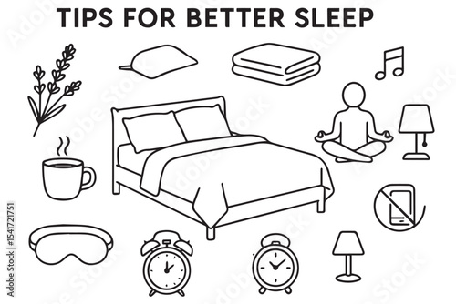 Illustration of essential tips for better sleep featuring lavender, herbal tea, eye mask, blankets, and a relaxing bedtime routine to promote a peaceful rest Tips for better sleep