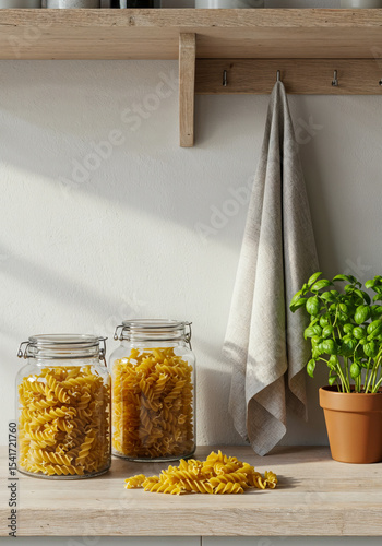 Glass jars filled with fusilli pasta on wooden kitchen shelf with towel and potted basil in bright natural light