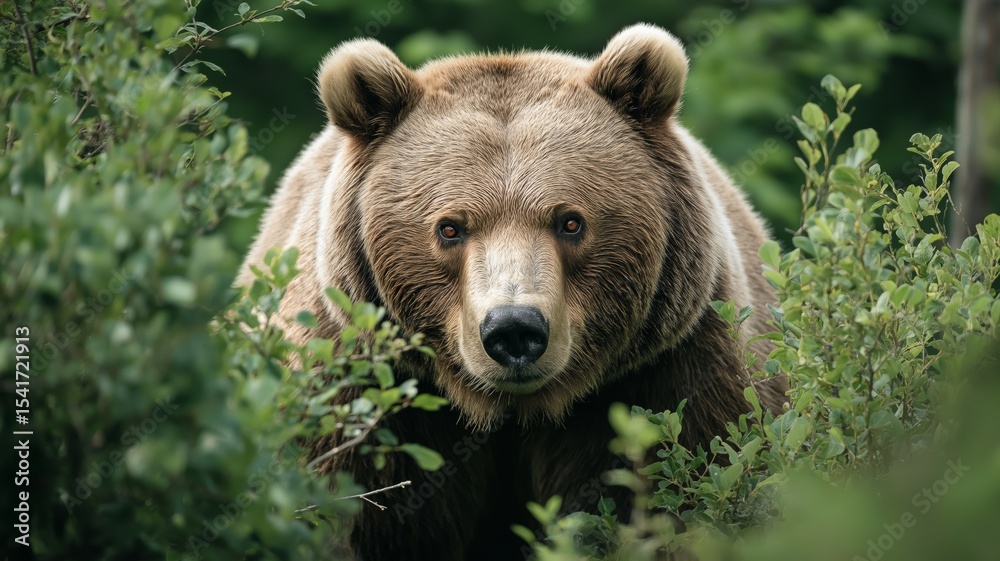 Fototapeta premium A bear explores its natural habitat, surrounded by lush foliage in the forest.