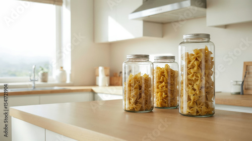 Glass jars with three types of pasta standing on kitchen counter in bright modern interior with daylight window