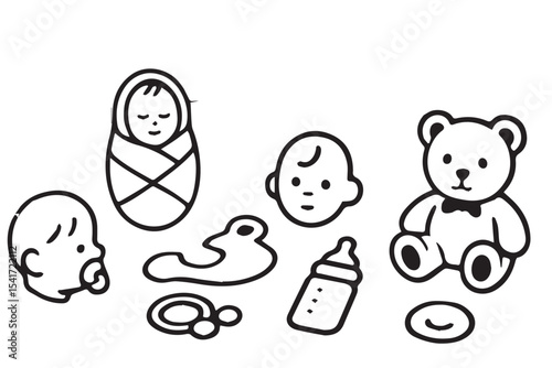 Set of nursery icons, crib, swaddled baby, teddy bear, pacifier, bottle, toy duck, baby essentials, baby room decor, infant care