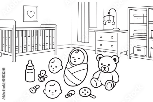 nursery icons, crib, baby bottle, pacifier, teddy bear, swaddled baby, toy duck, baby essentials, infant care, baby room items