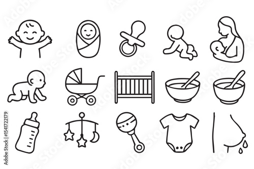 Infant care icon collection, swaddled baby, pacifier, stroller, crib, breastfeeding, bottle feeding, baby toys, parenting, baby essentials