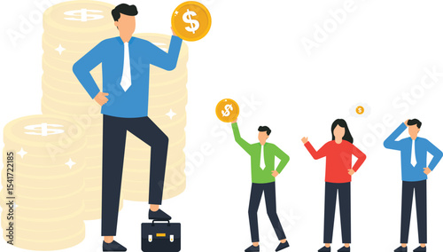 Successful Businessman Holding Gold Coin, Wealth, Financial Growth, Investment Concept Illustration, stack of coins, confidently holding a large gold coin, related to finance, investment,