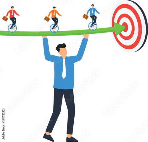 Businessman Balancing Team Towards Target: Growth, Teamwork, Success Illustration, businessman skillfully balancing three colleagues riding unicycles arrow towards a target, concepts of teamwork,