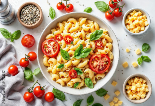 Bowl of cooked macaroni with cheese, cherry tomatoes and basil served on white table with herbs and spices