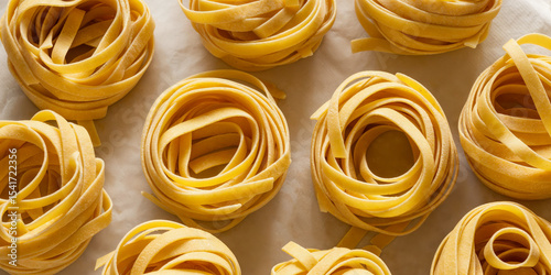 Topdown view of multiple tagliatelle pasta nests arranged on light background for culinary or product design