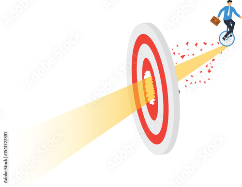 Businessman Riding Unicycle Through Target: Achieving Goals, Success, Breakthrough, businessman riding a unicycle, breaking through a target. Ideal for presentations, overcoming challenges,