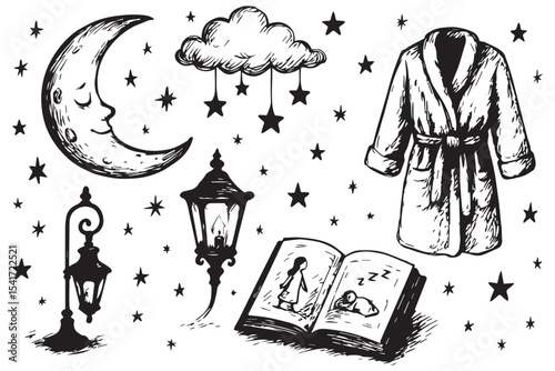 Nighttime whimsy, moon, stars, cloud, bedtime robe, lantern, storybook, cozy sleep, stars, peaceful night, dreamy bedtime
