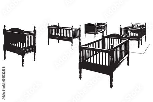 Minimalist crib exhibit, vintage cribs, classic nursery furniture, childs room, peaceful sleep, baby furniture collection