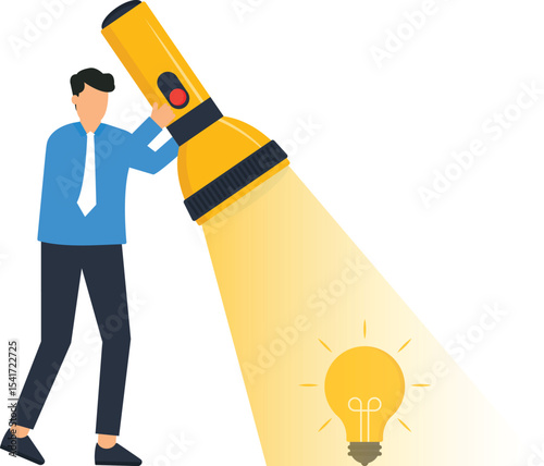 Businessman Finding Solution with Flashlight & Lightbulb: Idea Discovery Concept, businessman flashlight to illuminate a lightbulb, symbolizing the discovery of a solution or a new idea,creative think