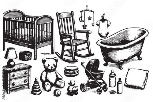 Classic vintage nursery illustration, crib, rocking chair, teddy bear, baby bathtub, bottles, toys, baby room essentials, vintage decor