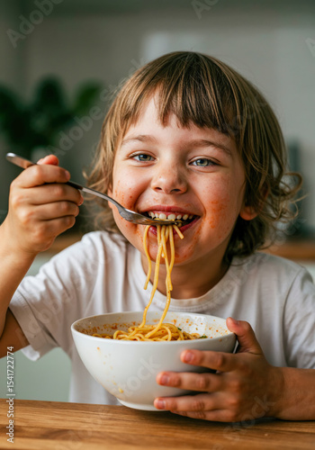 Little boy happily eating spaghetti with sauce from a white bowl while smiling and holding fork