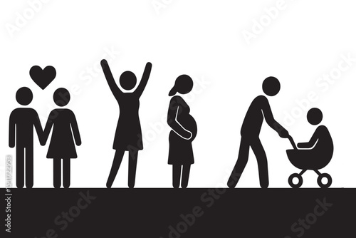 Parenthood cycle silhouettes, couple in love, pregnancy, newborn care, family stages, growing family, baby stroller, parenting journey