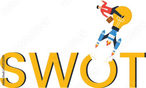 SWOT Analysis Rocket Launch: Business Strategy & Innovation Concept Illustration, growth with this dynamic stock illustration, rocket-powered light bulb, SWOT analysis, business growth, visualize,