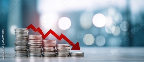 The coins stacked with a declining graph illustrating financial downturn trends.