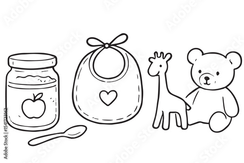 Charming minimalist design featuring baby items like a spoon, bib, bottle, and teddy bear in black and white, perfect for nursery illustrations Baby products icon set