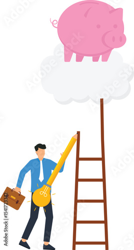 Businessman Reaching Piggy Bank on Cloud with Giant Pencil - Idea, Goal, Success climbing a ladder using a giant pencil to reach a piggy bank on a cloud, goals, achieving success, innovative ideas,
