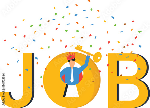 Job Search Success, King Holding Key to Opportunity,  depicts a king-like figure triumphantly holding the key to a 'JOB' opportunity,recruitment, and HR,ensures versatility across various