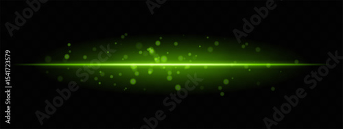 Green horizontal light beam with glowing dust particles and intense aura on transparent background. Dynamic sci-fi flare ideal for energy effects, laser HUDs, or dramatic transitions.