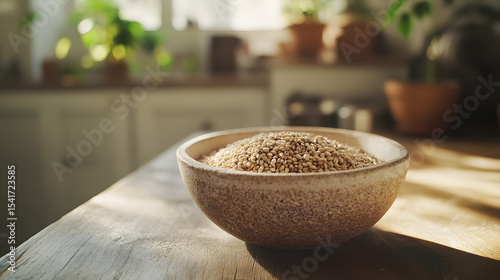 A rustic bowl filled with spelt grains on a wooden countertop, surrounded by natural light and earthy tones.