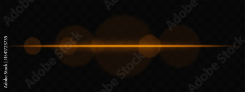 Orange horizontal light beam with soft glare circles on transparent background. Clean cinematic lens flare for sci-fi, tech transitions, or bright glowing UI overlays.