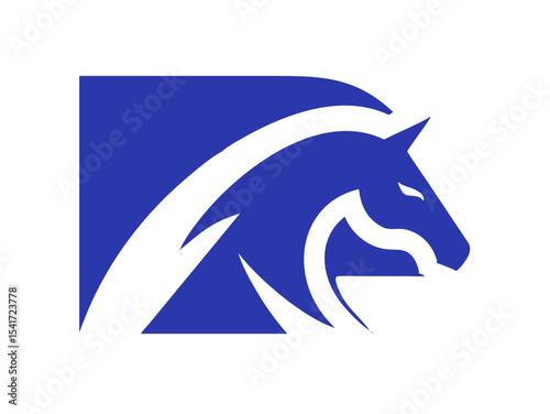Powerful horse head logo design, perfect for branding. A stylized, profile view of a horse head, featuring bold lines and a modern, sophisticated design in shades of blue and white.
