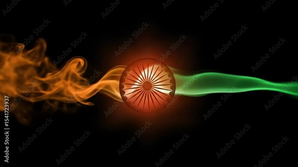 Dynamic abstract animation of indian flag colors smoke flowing around spinning chakra wheel