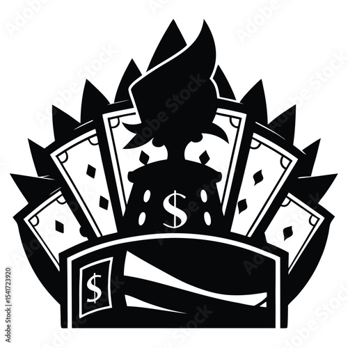 Silhouette of Gambler with Fan of Cards and a Table Full of Money, Gambling and Casino Game Concept