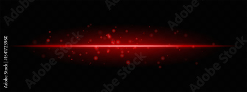 Red horizontal light beam with glowing dust particles and intense aura on transparent background. Dynamic sci-fi flare ideal for energy effects, laser HUDs, or dramatic transitions.