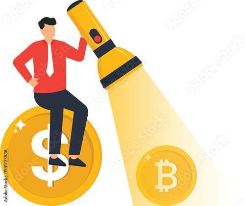 Businessman Illuminates Bitcoin with Flashlight on Dollar Coin,  depicting a businessman sitting on a dollar coin, shining a flashlight on a Bitcoin, cryptocurrency investment, financial discovery,