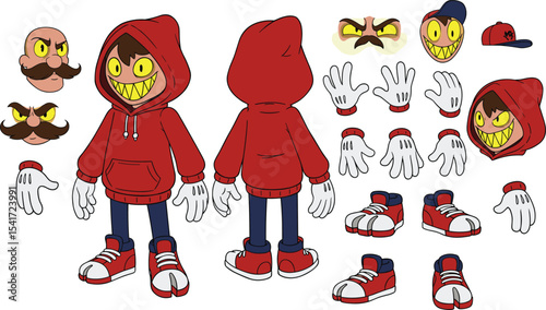 Cartoon character turn around with alternate faces, gloves, and shoes, vector animation sprite sheet, red hoodie costume design for comics, gaming, or animation projects