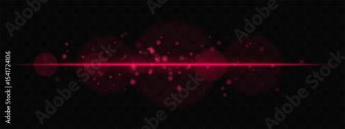 Red horizontal glow with light particles and lens bokeh on transparent background. Atmospheric sci-fi effect perfect for transitions, digital UI, or dreamy glowing overlays.