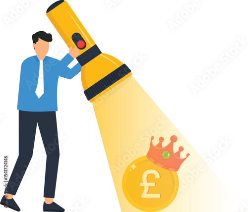 Businessman Discovering Hidden Treasure: Crown on British Pound Coin, uncovering hidden opportunities, finding valuable assets, related to finance, investment, wealth management, business success,