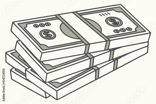 Stacks of Money Bundled Together Representing Wealth Finance and Currency Four Bundles Secured with Straps and Featuring Dollar Signs