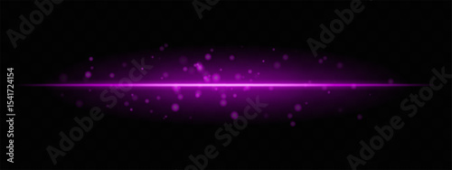 Purple horizontal light beam with glowing dust particles and intense aura on transparent background. Dynamic sci-fi flare ideal for energy effects, laser HUDs, or dramatic transitions.