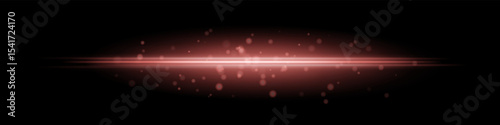 Red horizontal light beam with glowing dust particles and radiant motion blur on black background. Perfect for fantasy transitions, luxury effects, or magical digital overlays.