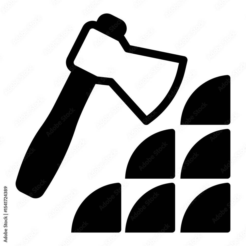 Axe and wooden timber stack solid icon, forest industry concept. Vector graphics. Firewood crack tool, wood work sign on white background, style mobile or design.