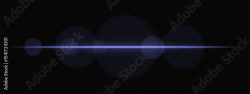 Blue horizontal light beam with soft glare circles on transparent background. Clean cinematic lens flare for sci-fi, tech transitions, or bright glowing UI overlays.