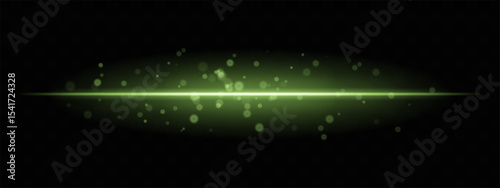 Green horizontal light beam with glowing dust particles and intense aura on transparent background. Dynamic sci-fi flare ideal for energy effects, laser HUDs, or dramatic transitions.
